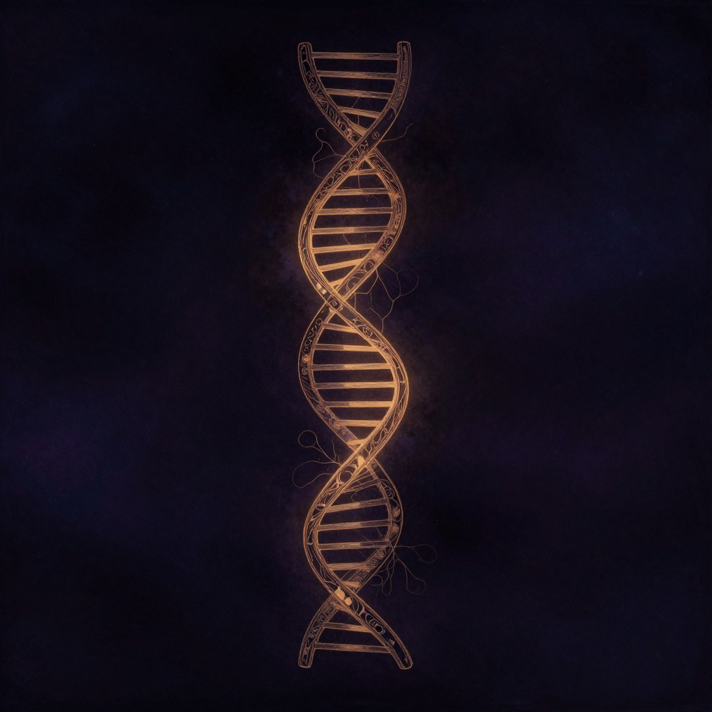 生物学还原论：一个DNA双螺旋结构部分展开，两条反向平行的螺旋链清晰可见，内部嵌套着简化的大脑神经元轮廓，神经元以隐约线条与螺旋相连，