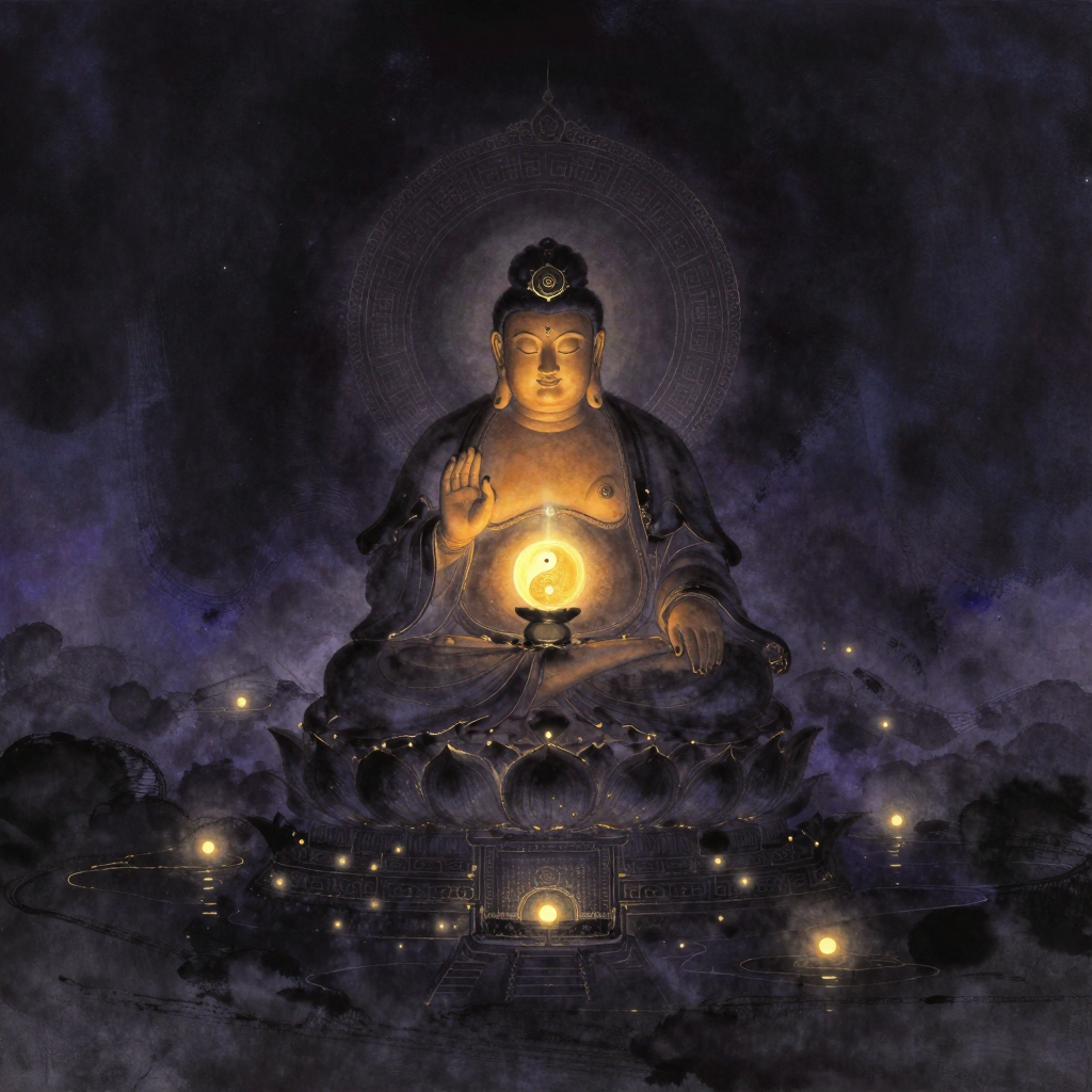 弥勒下生经：弥勒菩萨端坐于天宫中央，手持宝瓶或结说法印，身后七宝楼阁与莲花池隐入空旷，祥云自菩萨座下向四方散去，菩萨相庄严安详，画面