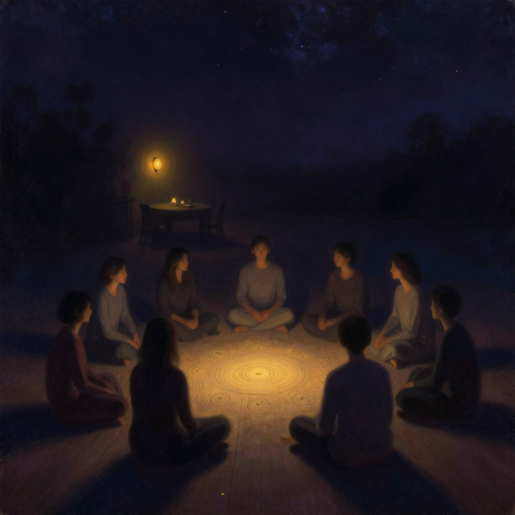 治疗性社区：一群人以封闭圆圈围坐于木地板上，坐姿放松，彼此视线自然交汇，中央留出空处；背景隐约可见日常餐桌与暖黄壁灯，灯是画面唯一的