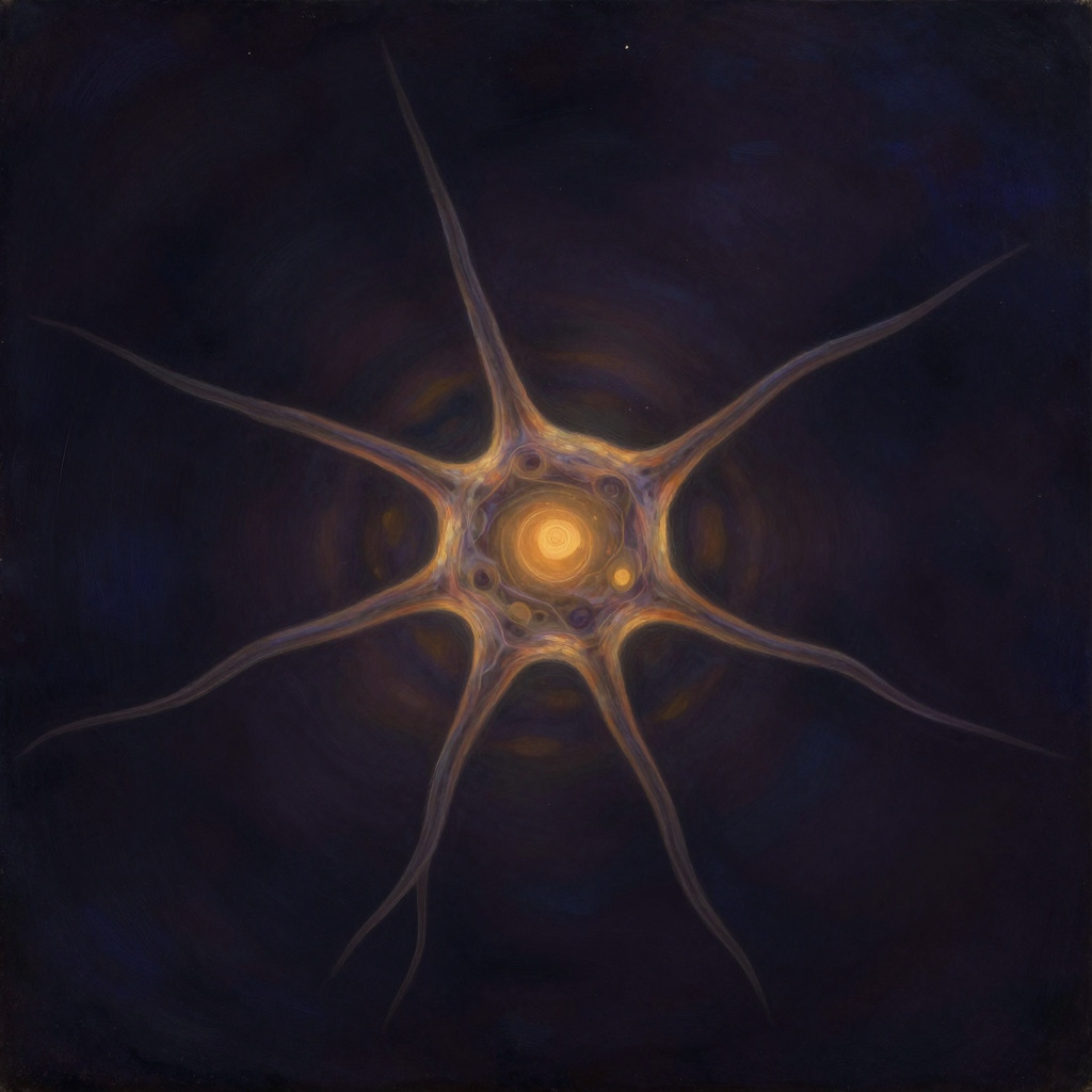 星形胶质细胞：一个多分支星状细胞悬浮于空旷暗处，细长突起向四周伸展，末端膨大包裹着隐约的毛细血管与突触间隙，细胞体小巧而清晰，四周留有