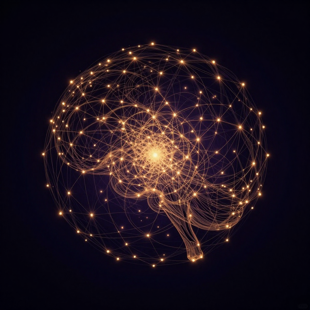 连接组：一张由密集发光节点与细密连线构成的球形全息网络悬浮于大片空处，节点疏密有致，连线交织缠绕呈半球状，整体如大脑皮层折叠表面
