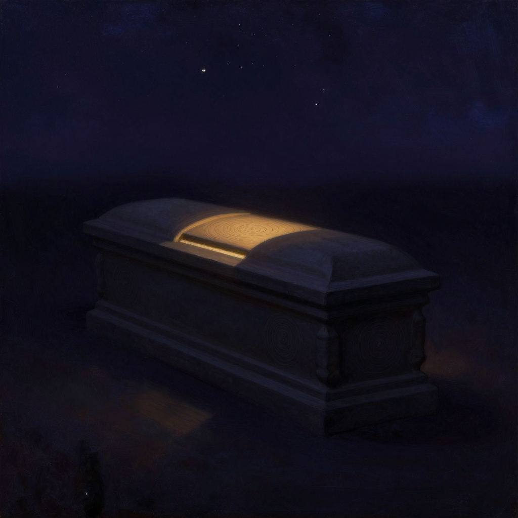 活死人墓：一具厚重石棺静置于空旷中，棺盖微启一道细缝，缝隙深处透出一缕极细微光，四周余处归于空寂