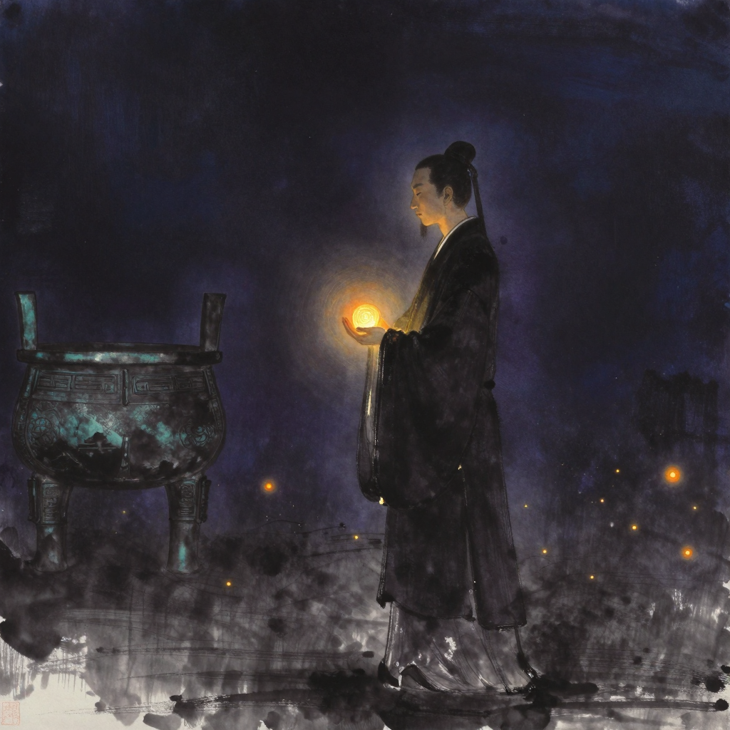 礼义：一位身着深衣的儒者侧影立于空阔之中，双手交叠于胸前（右手握拳、左手包覆），背景隐约可见古朴青铜鼎的轮廓，画面大片留白，那