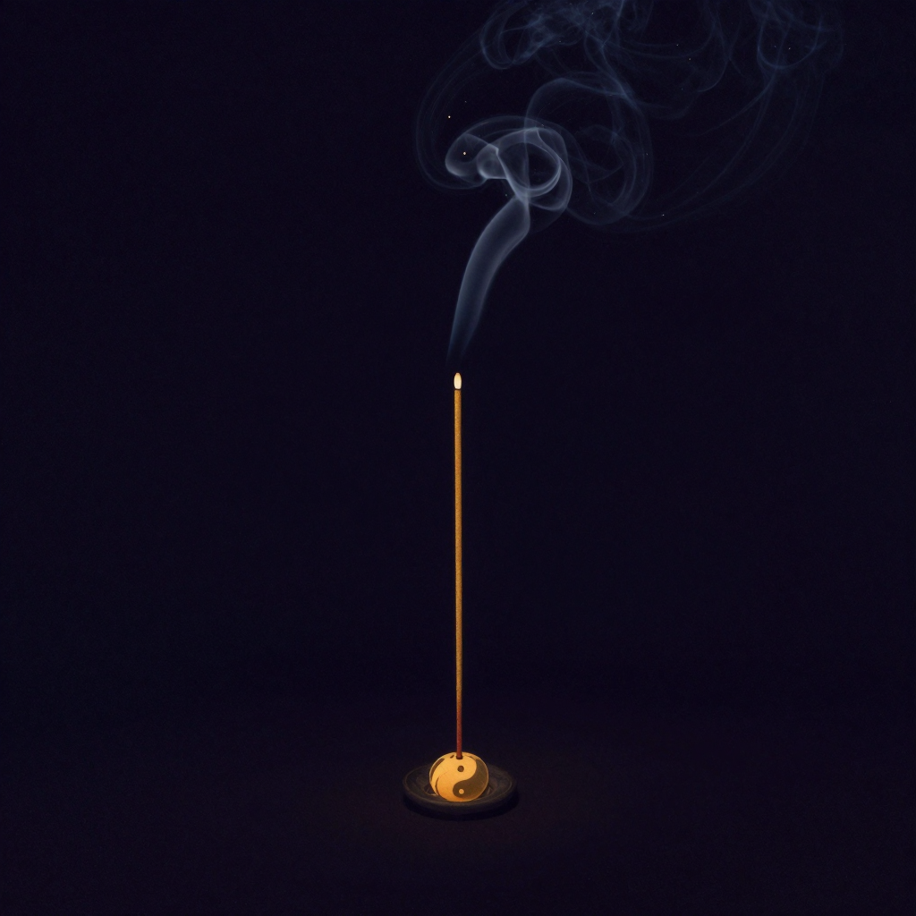 心灵修炼：一炷细长的香独自立于香插中，顶端一粒微红火星，一缕轻烟螺旋上升、渐散入空，背景大片留白，香是画面唯一的微光来源