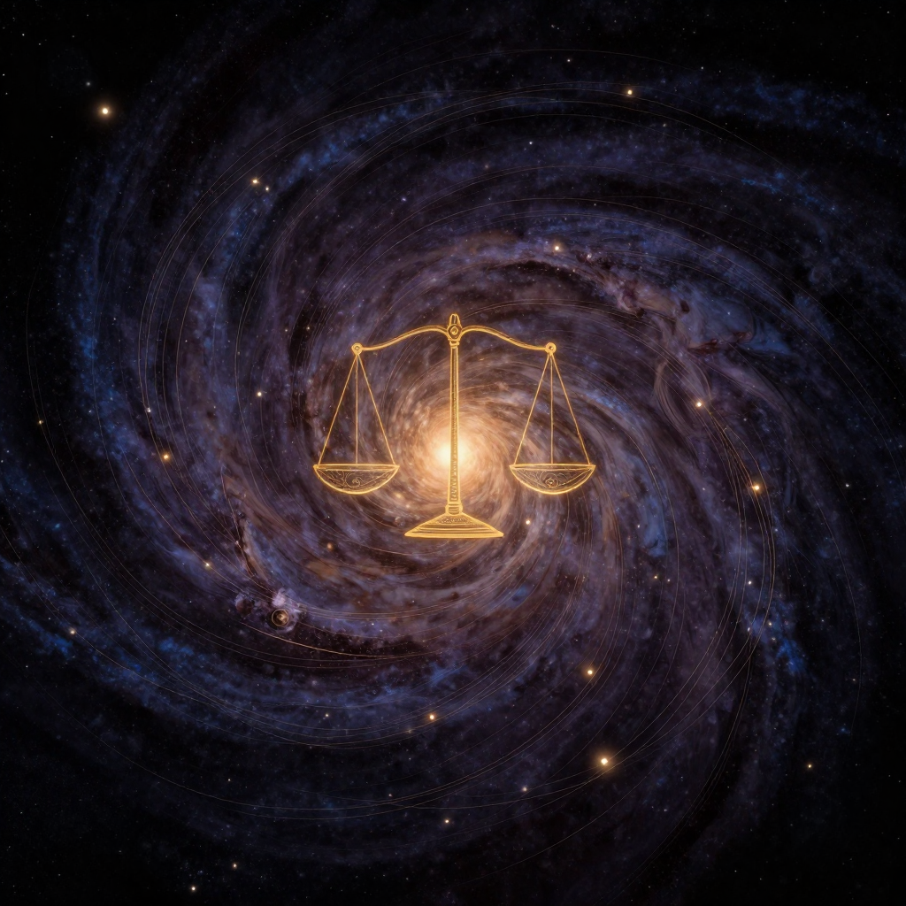 宇宙正义：一个巨大螺旋星云在空旷宇宙中缓缓旋转，中心悬浮着一架由星光构成的透明天平，两端各托着一团光与暗的星尘，四周无余物，唯有星