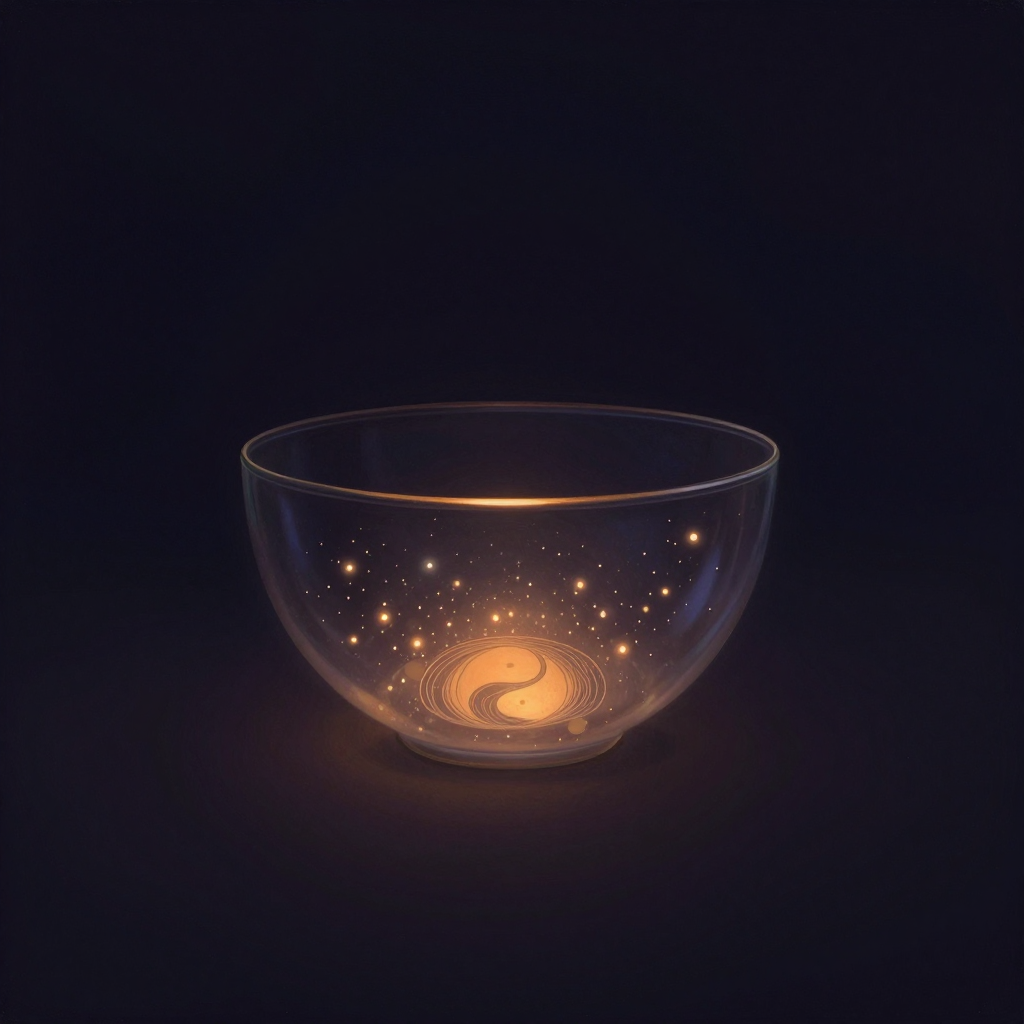 制度设计：一只半透明玻璃圆碗悬于空旷深色背景中，碗壁边缘清晰柔和，碗内数十个细小光点如星尘般缓缓流动、聚合又散开，碗外余处空无一物