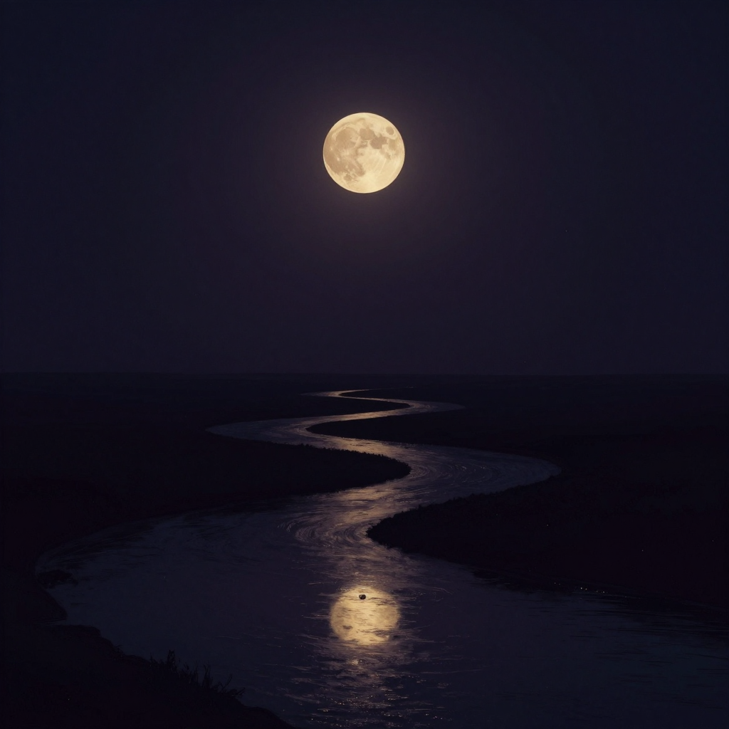 理一分殊：夜空中悬一轮满月，下方数条蜿蜒河流各自映出完整的月影，河流自近而远延展，两岸隐于空旷，月与河流是画面仅有的元素，微光落于
