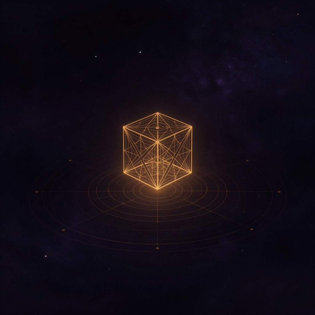 第四维：一片空旷的深色平面中央，一个简洁的发光立方体线框悬浮而起，带有透视感，仿佛正从平面向上升拉，四周散落着极细微的星点，余处