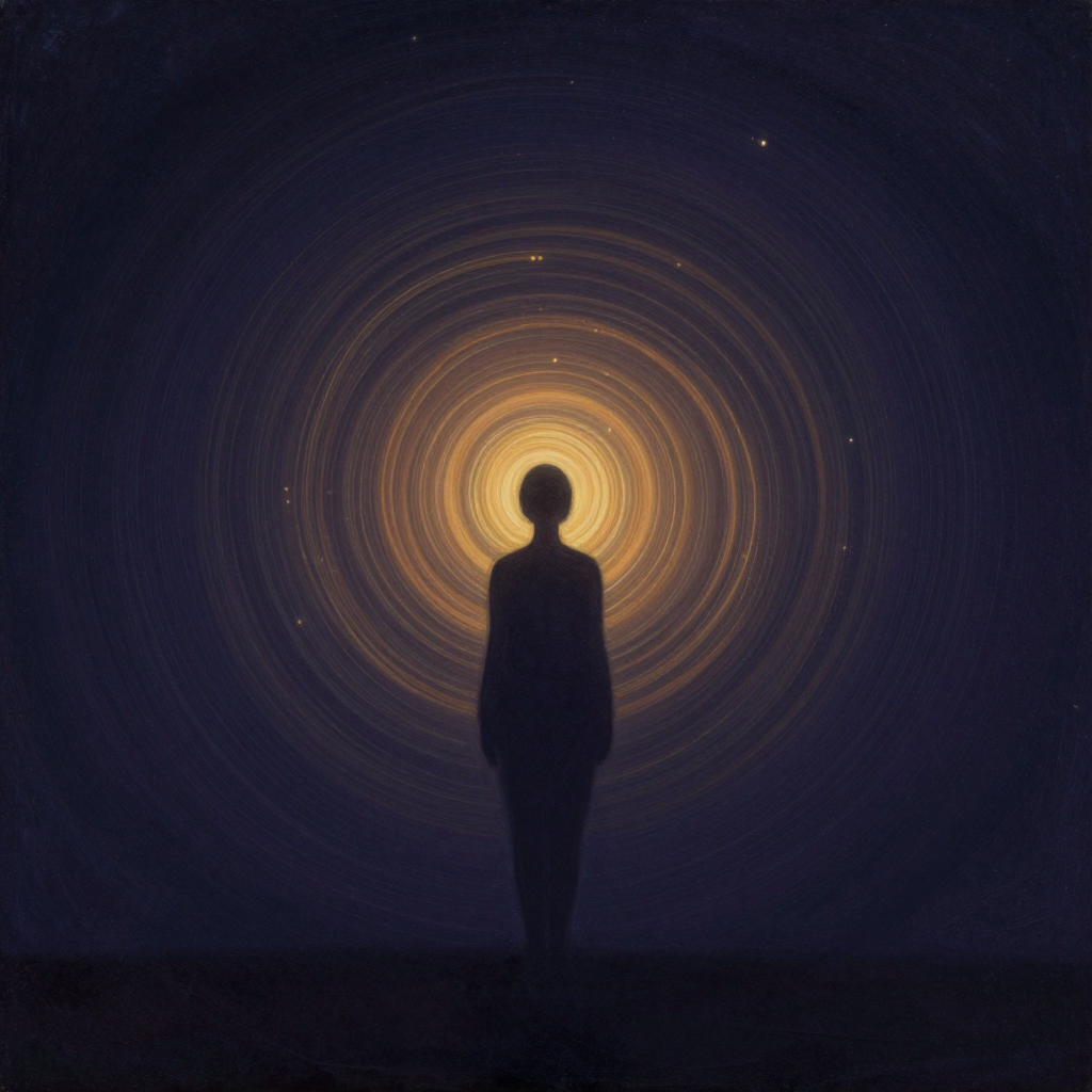 多维信号：画面中央一个安静的人形剪影立于大片空处，周围环绕着多层柔和波动的同心螺旋环带——内层是沉稳的暖色波纹，中层是流动的曲线光