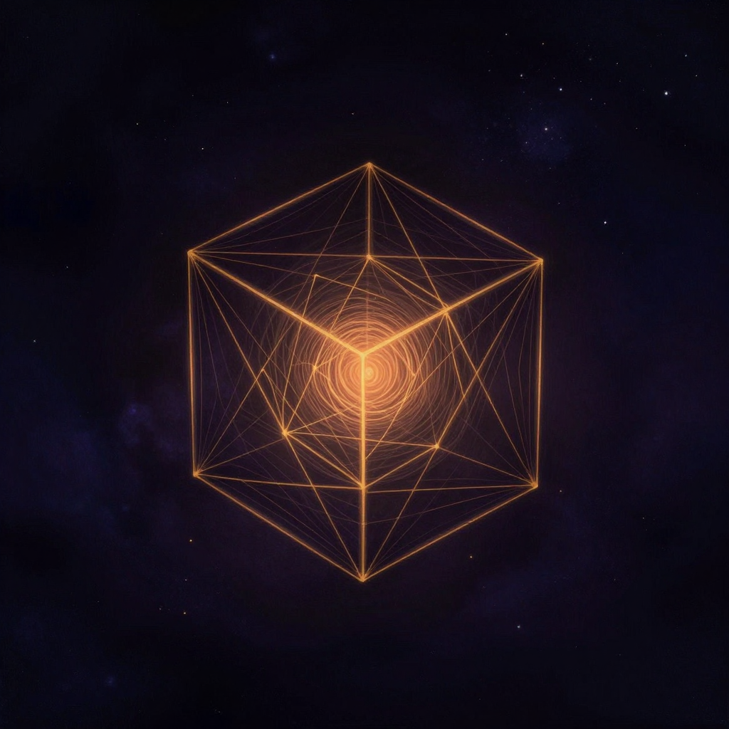 高维：一个透明线框构成的立方体悬浮于大片空处，其棱线呈现微妙的透视扭曲与双重重影，仿佛内部嵌套着另一个倾斜的立方体，所有顶点之