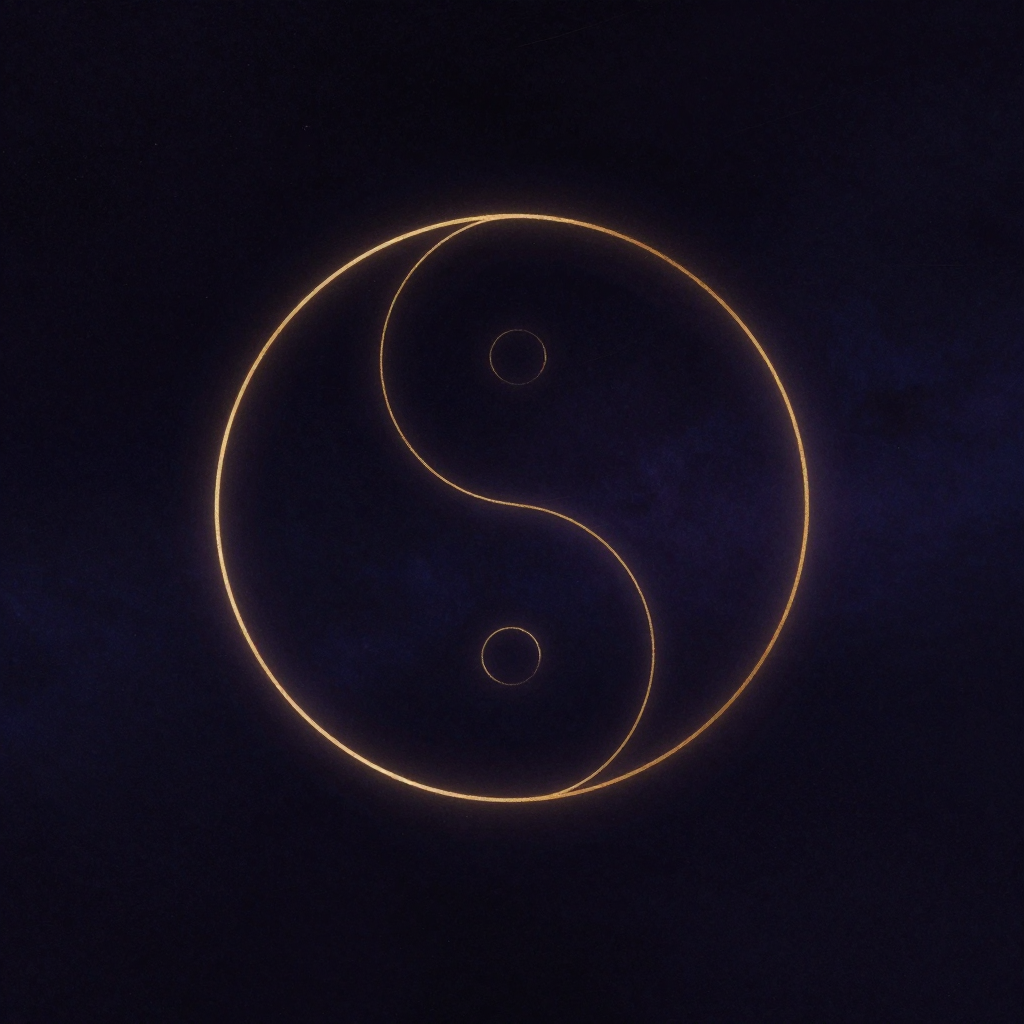 完形法则：一个未闭合的圆环悬于空旷深色背景之中，缺口约为圆周的六分之一，缺口处延伸出一道极细的虚线，暗示趋向闭合，圆环线条干净明确