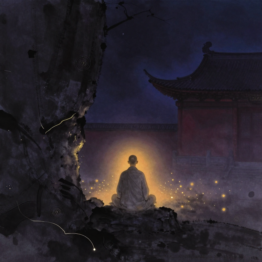 少林：一面粗粝石壁前，一位僧人面壁而坐，身披灰色僧袍，背影沉静；远处隐匿着中式飞檐与红墙轮廓，空阔静寂，檐角透出一丝微光