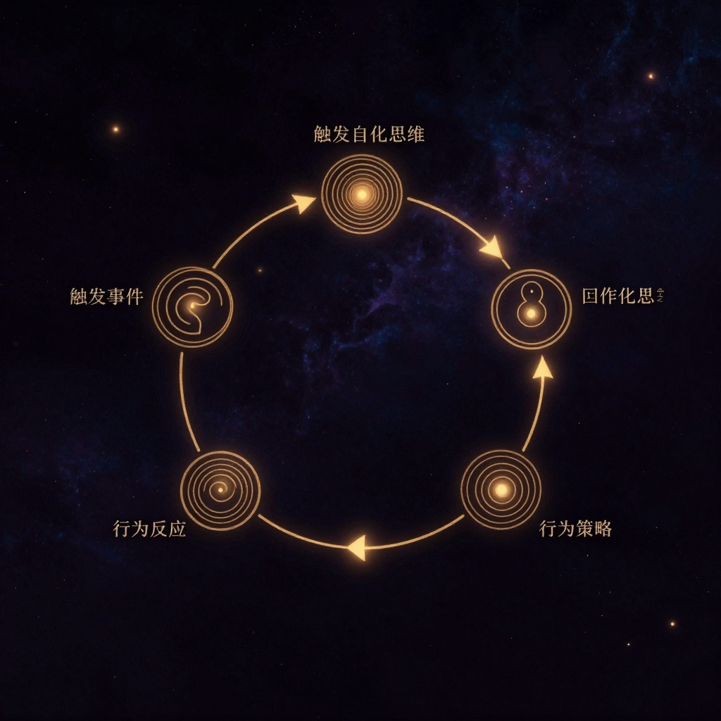 情绪循环：一个由四个节点以明确箭头相连的闭合环形回路，节点顺序为：触发事件、自动化思维、身体反应、行为策略，箭头指向清晰构成完整闭