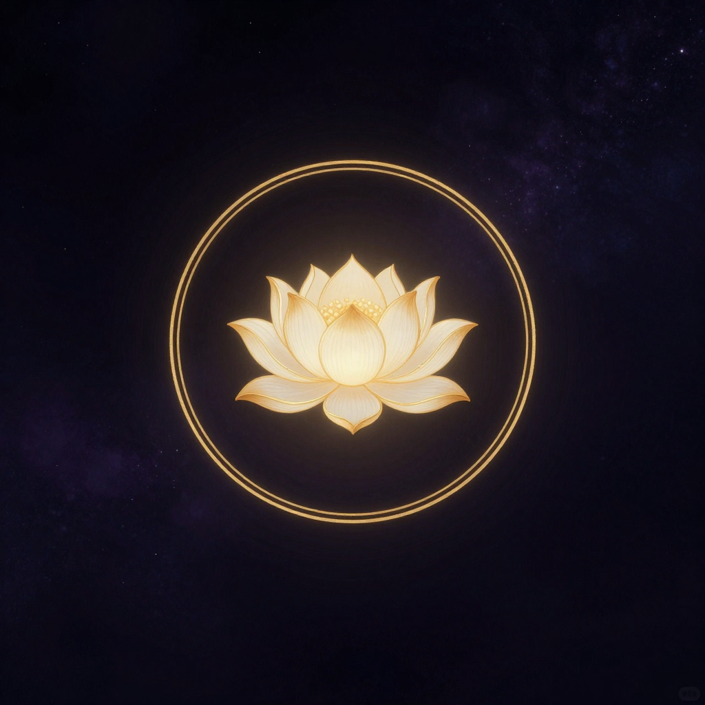 萨提亚时代：一只完整的金色圆轮悬于空旷中，轮心一朵盛开的白色莲花，花瓣层层舒展，圆轮边缘纯净无瑕，莲花与圆轮之间留出均匀的空隙，轮体