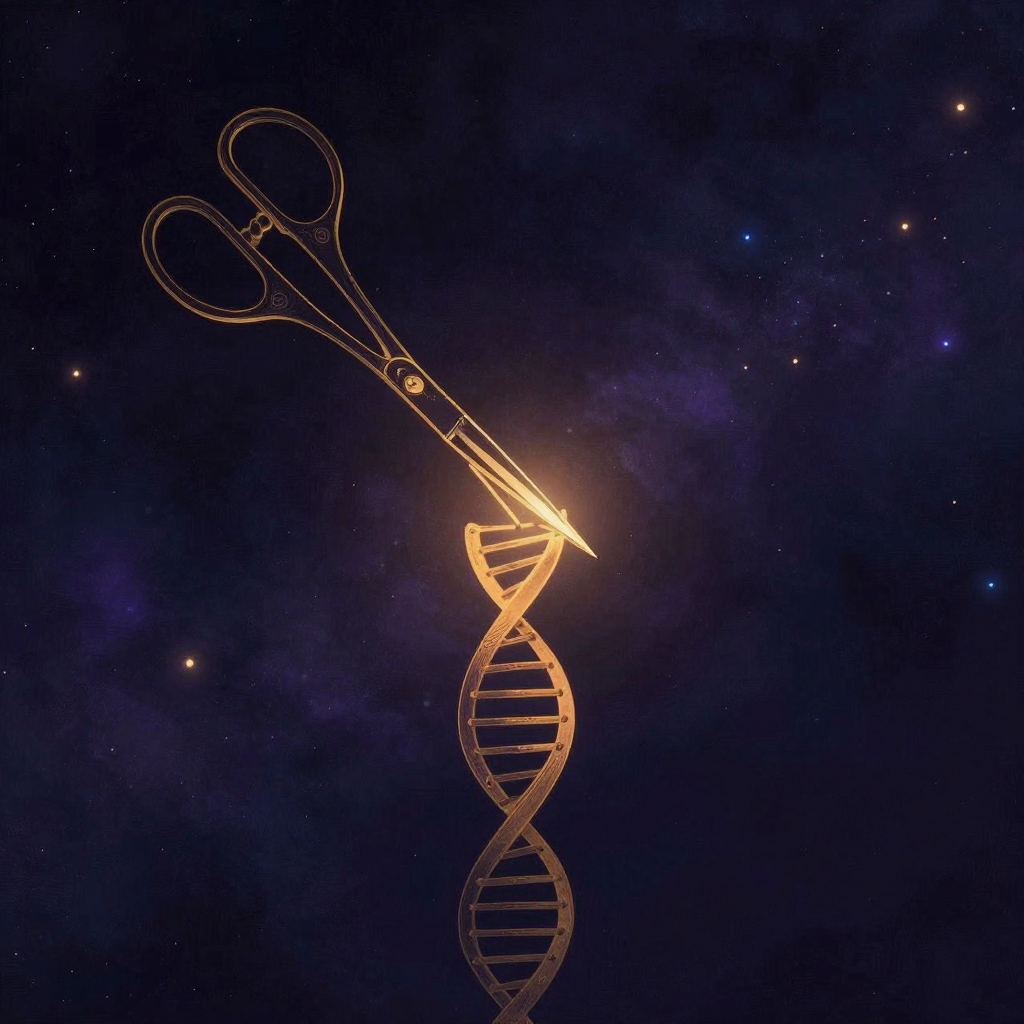 CRISPR-Cas9：一把分子剪刀形蛋白（Cas9）悬于双螺旋DNA上方，剪刀刃口正对准DNA链条上一处特定切口，一条发夹状向导RNA链与DN