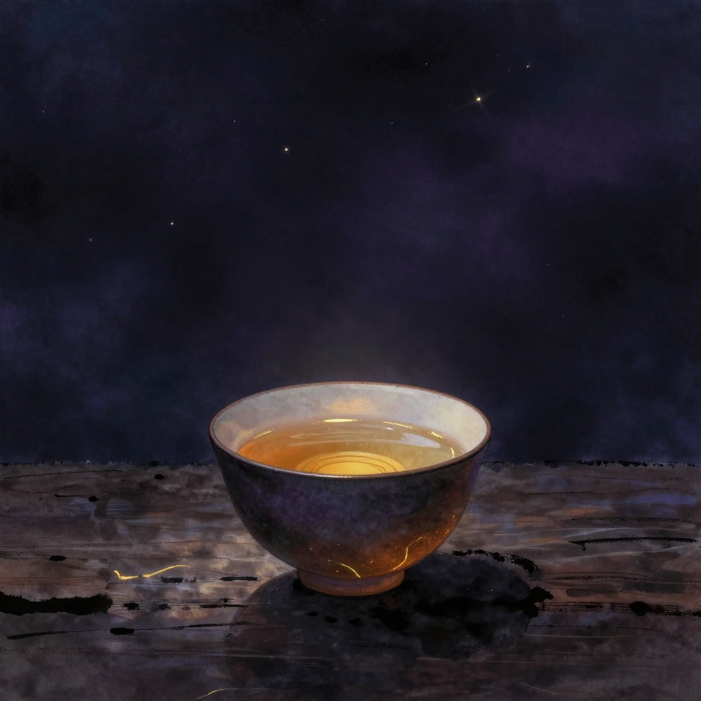 禅意：一只手工粗陶茶碗置于粗木台面，釉色温润，内盛半盏清浅茶汤，水面平静无波，映出淡淡天光，四周大片留白，碗是画面唯一的焦点与