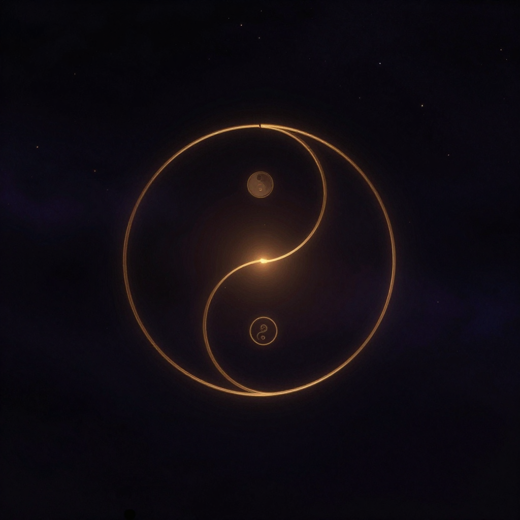 丧失体验：一只完整的金属圆环悬于大片空旷中，环身某处被利落截断，断面干净；一缕极其细微的柔光从断面间隙处悄然溢出，圆环其余部分皆静