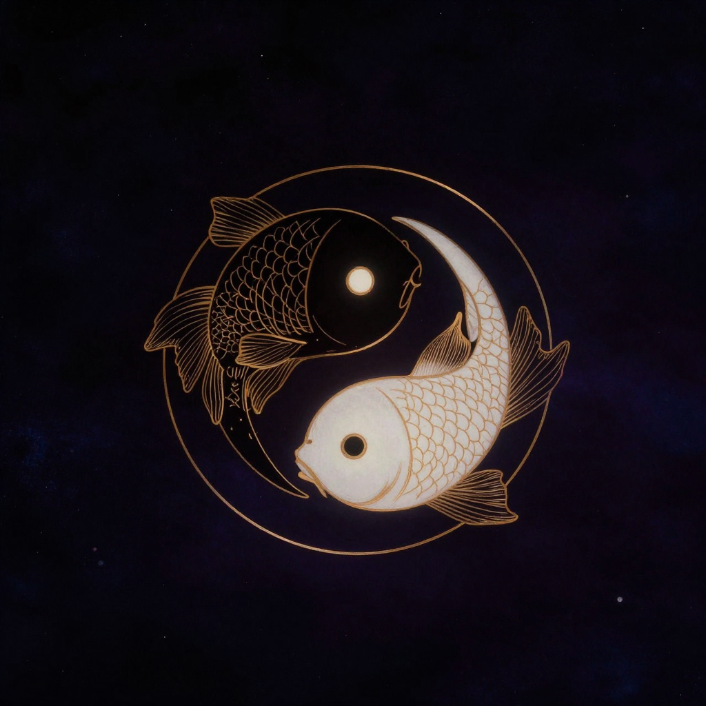 阴阳动态平衡：一幅太极双鱼图置于空旷中央，双鱼呈旋转动态，黑鱼有白眼，白鱼有黑眼，外圆内曲，线条流畅清晰，余处大片留白