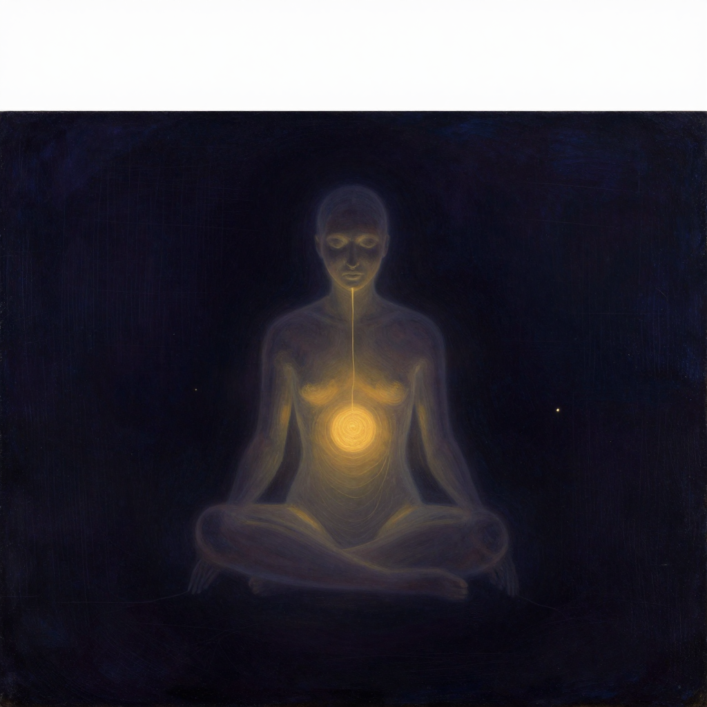 人格解离：一个半透明的人形轮廓从端坐的躯壳中向上飘出，轮廓与躯壳之间由一根细发光丝相连；躯壳表情空洞麻木，轮廓眼神沉静如旁观者；背