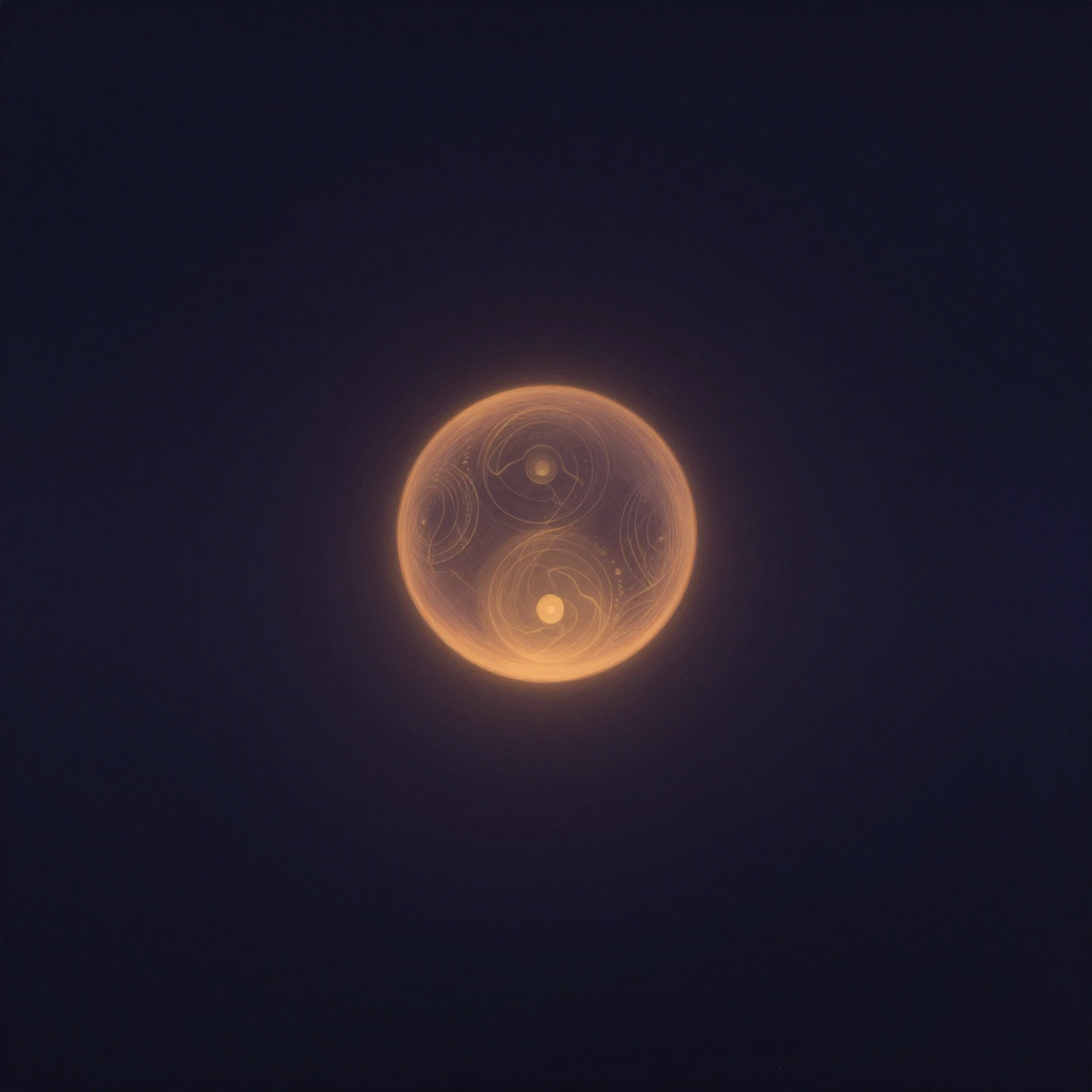 主体感：一个半透明的发光球体悬浮于空旷暗处，球体表面有柔和光晕与细微波纹，内部隐约可见一具安详的人体轮廓，轮廓不写实、如雾中剪影