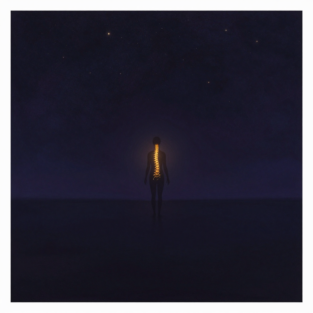 姿态雕塑：一个站立的人体剪影，脊柱从弯曲逐渐延展为笔直，脊椎骨节间有细微的弧形回路相连，四周大片空旷，回路交汇处有一缕极细微光