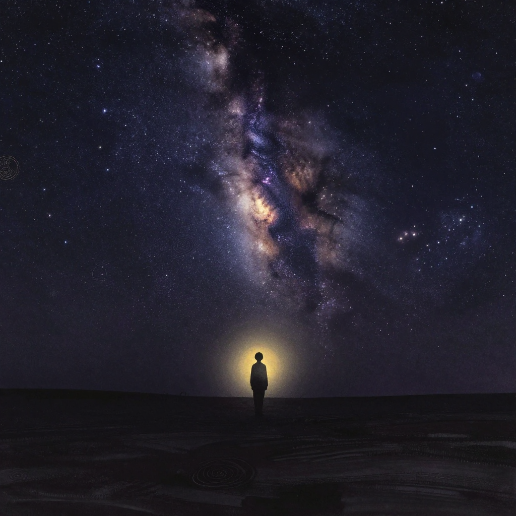 宇宙视角：一人仰首立于空旷大地，头顶繁星密布，银河如光带斜贯夜空，人物轮廓边缘渐融于星光，四周大片留白，人物是画面唯一的微光落点