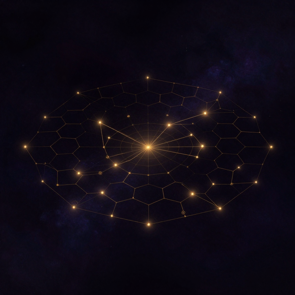 空间认知：一片空旷深色基底上，由极细金线织出的规则六边形网格铺展成半透明网络，网格中散布数个孤立的亮点作为位置细胞激活点，一条断续