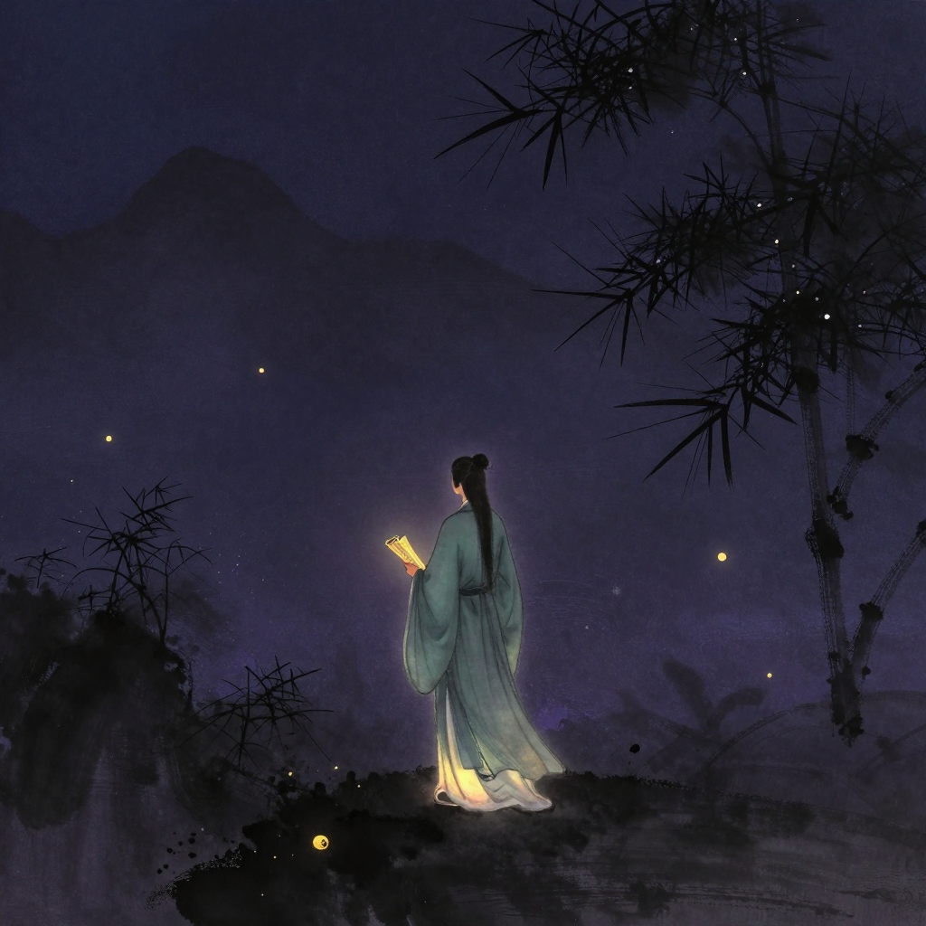 士大夫：一袭青衫文人立于空旷处，手持一卷书卷，背后隐约几枝松竹与远山轮廓，四周大片留白，衣袂微垂