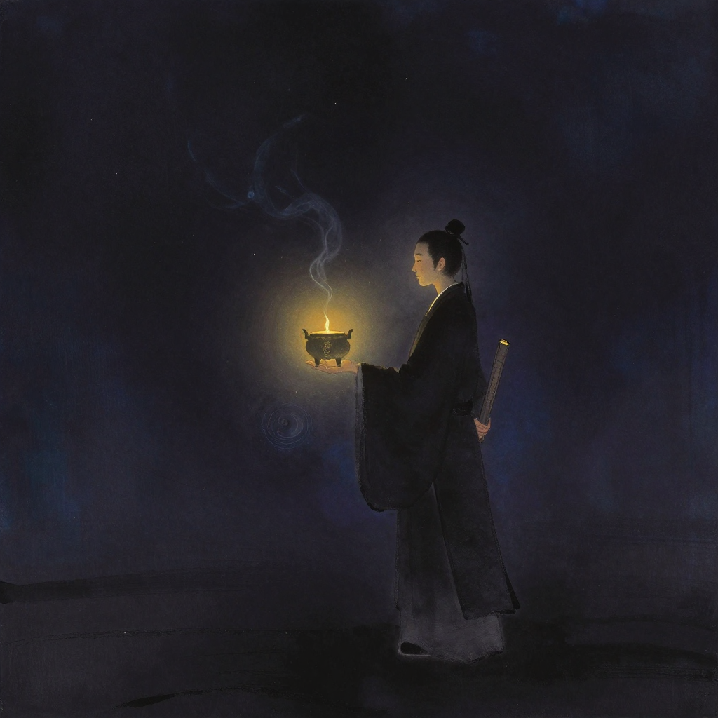 抱朴子：一位道士装束的人物侧立于空旷处，一手轻托一只三足圆炉，炉口一缕青烟柔和上升，烟迹在留白中渐隐，人物另一手持一卷书帙，余处