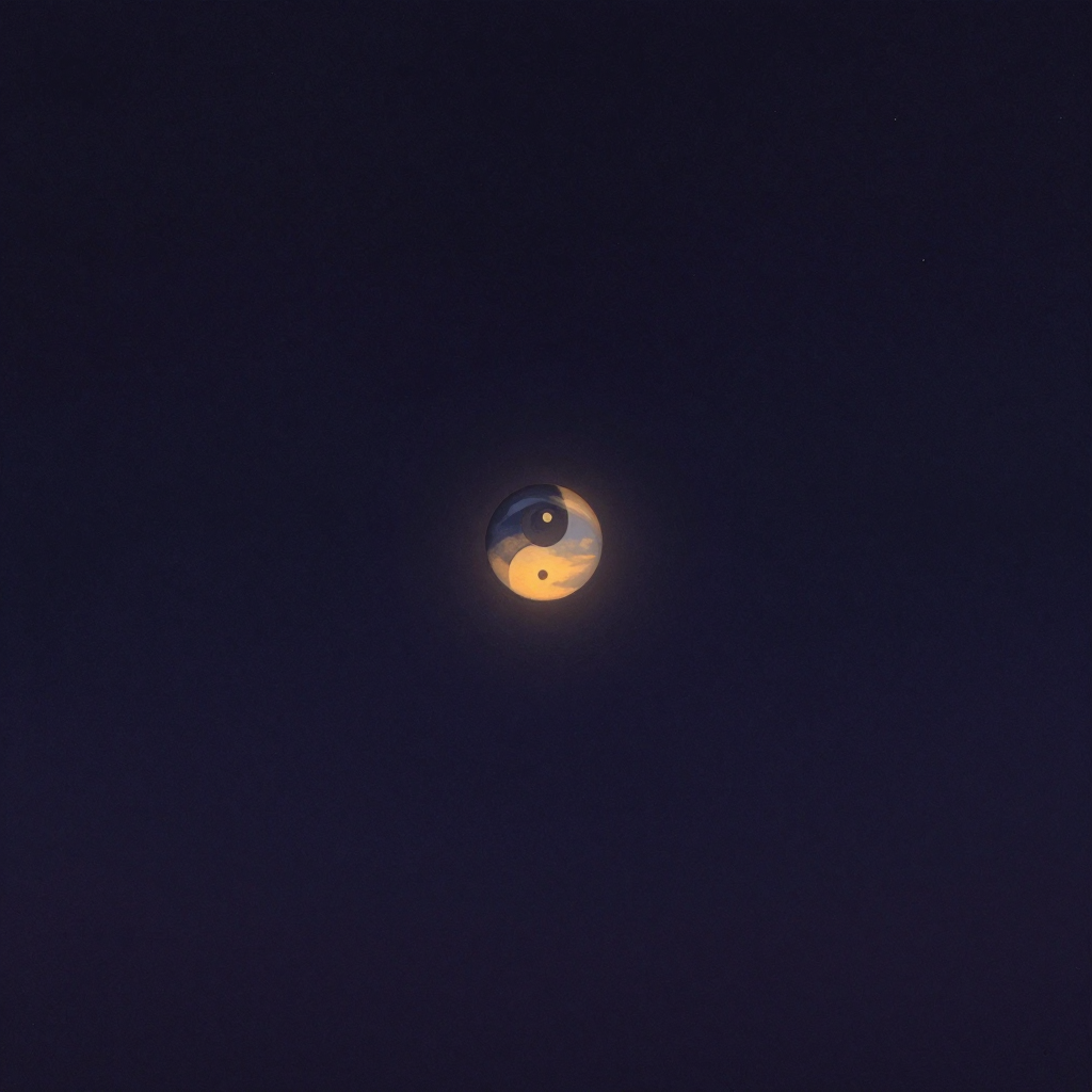 无为的观照：一双澄澈的眼睛平静地浮现于空旷之中，目光柔和无焦点，既不凝望某处也不回避，仿佛只是纯粹地存在；眼瞳深处如倒映天空的止水，