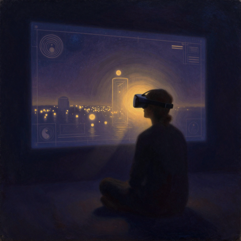 虚拟现实暴露疗法：一人佩戴VR头显静坐于空室，面前浮出一片半透明虚拟场景——高楼边缘与远处城市轮廓，场景边缘隐约可见网格线与界面框，人物姿