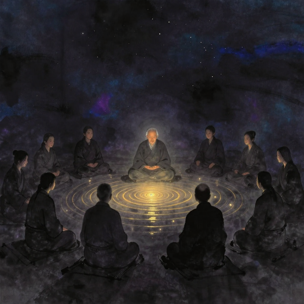 口传传统：一位长者面向围坐的弟子开口讲述，从长者口部扩散出一圈圈细微的声波涟漪，涟漪轻柔环绕每位弟子，弟子们身体微向前倾，目光朝向