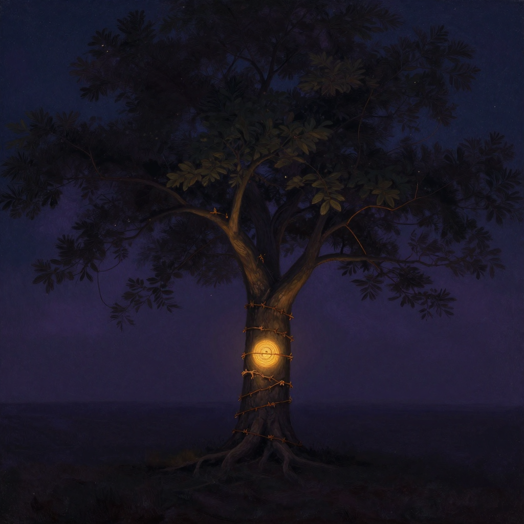 早期适应：一棵粗壮的老树，树干被数圈生锈铁丝深深嵌入树皮，形成扭曲的勒痕与瘤节，但树冠依然枝叶舒展，铁丝与树身融为一体，立于空旷处