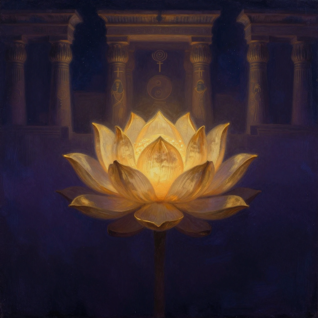 塞基·奥格瓦：一朵层层绽放的金色莲花从胸腔中央向外舒展，花瓣轻柔展开，背景深处隐现古埃及神庙的柱廊与生命之符的淡影，四周大片留白，心轮