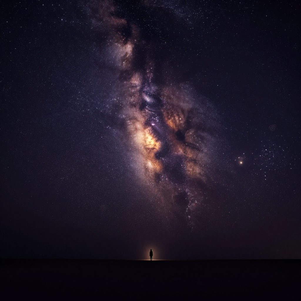 灵性谦卑：一片深邃无垠的星空铺满画面，银河如淡纱横贯其中，无数星辰疏密散布；画面底部极小一处，一个人影仰首而立，轮廓简洁，占画面不