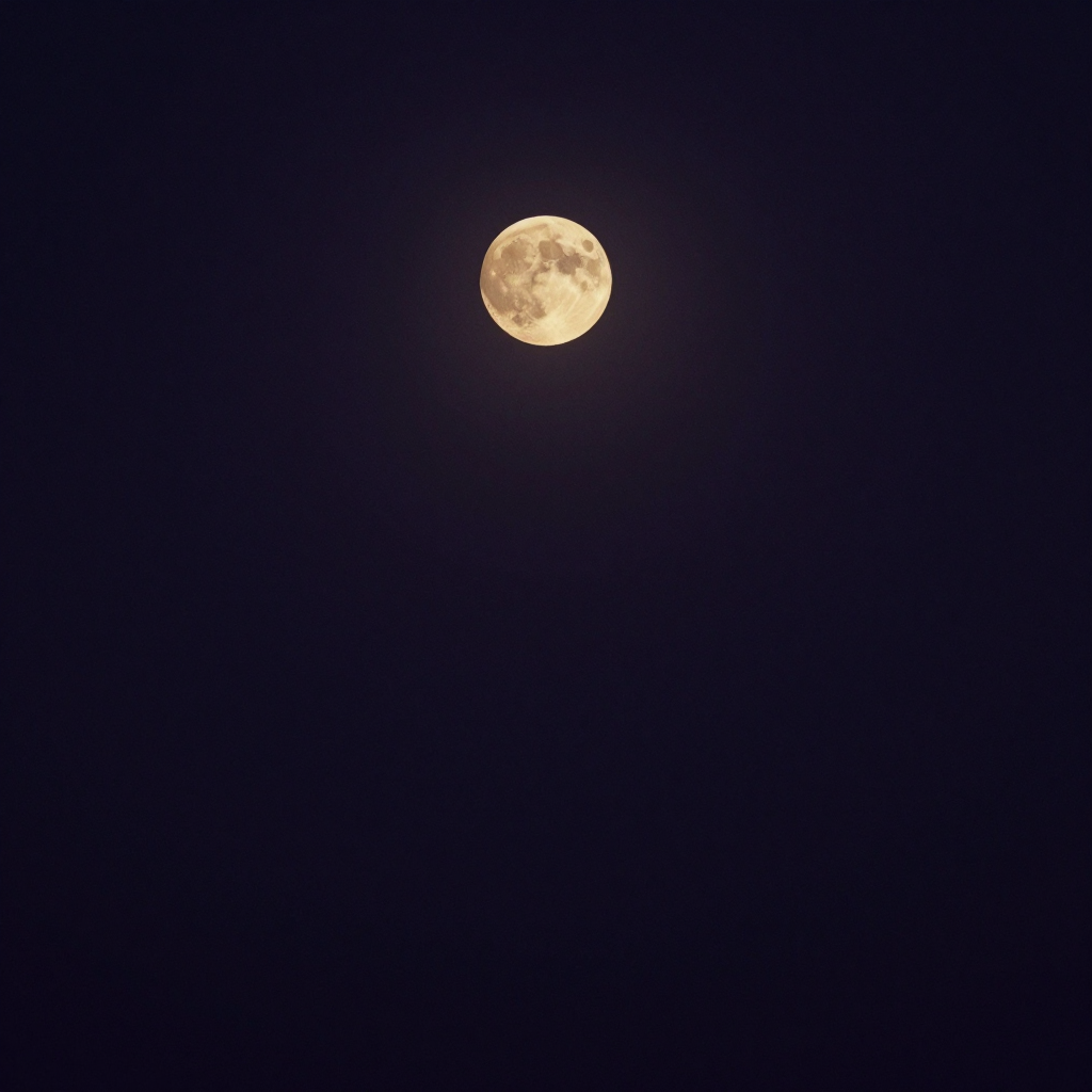 心性休息：一轮完整的圆月悬于空旷夜空正中，月光柔和均匀地铺洒，四周无云无物，天地之间仅此孤月与大片留白