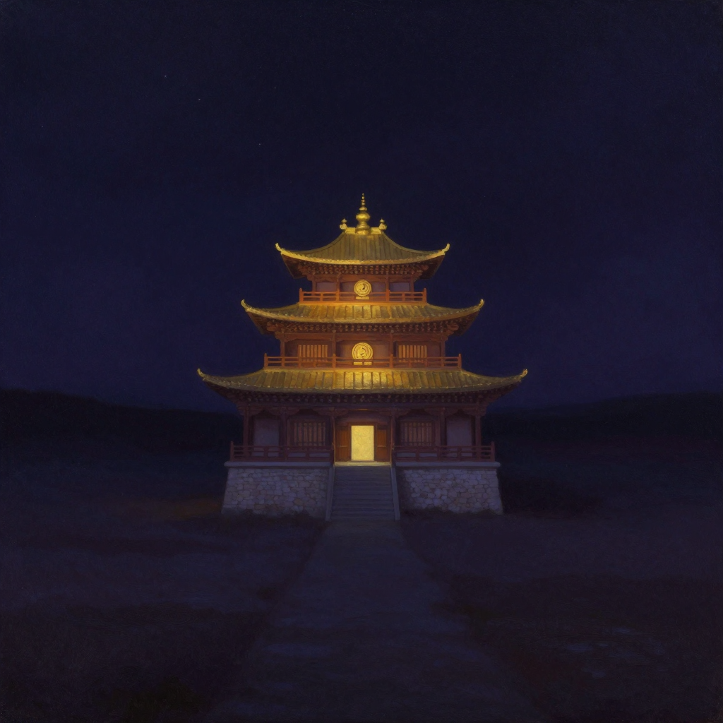 赤松德赞：一座三重寺院主殿矗立于空旷天地，底层藏式石墙、中层汉式木构、顶层印式金顶，层次分明，殿门微微开启透出一缕微光，四周归于大