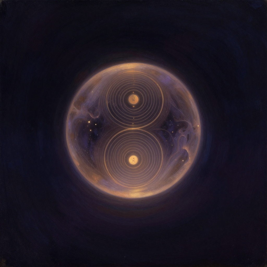精神：一个半透明的发光球体悬于空旷深色空间中，球体内隐约可见流动的光点与游移的暗影交织缠绕，内外交融，球体是画面唯一的微光来源
