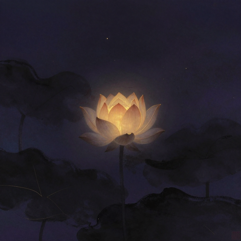 悟性：一朵禅宗风格的莲花含苞或半开，花瓣圆润对称，静静立于大片空处，水面上无倒影，花苞中心透出一缕极细微光