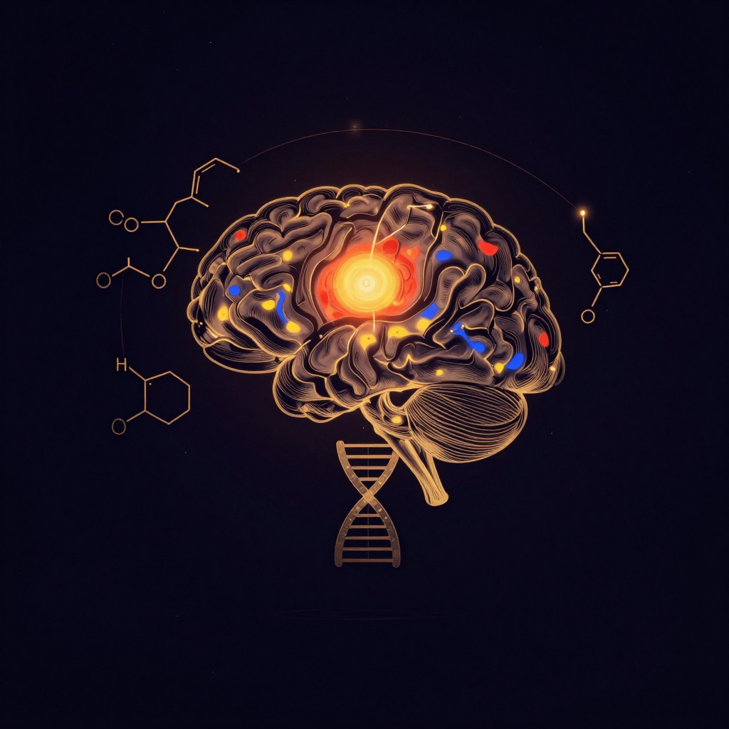 生物精神病学：一个被fMRI扫描切面覆盖的大脑轮廓悬浮于空旷之中，表面可见红黄蓝激活斑块；多巴胺的苯乙胺结构式与血清素的吲哚环结构式如