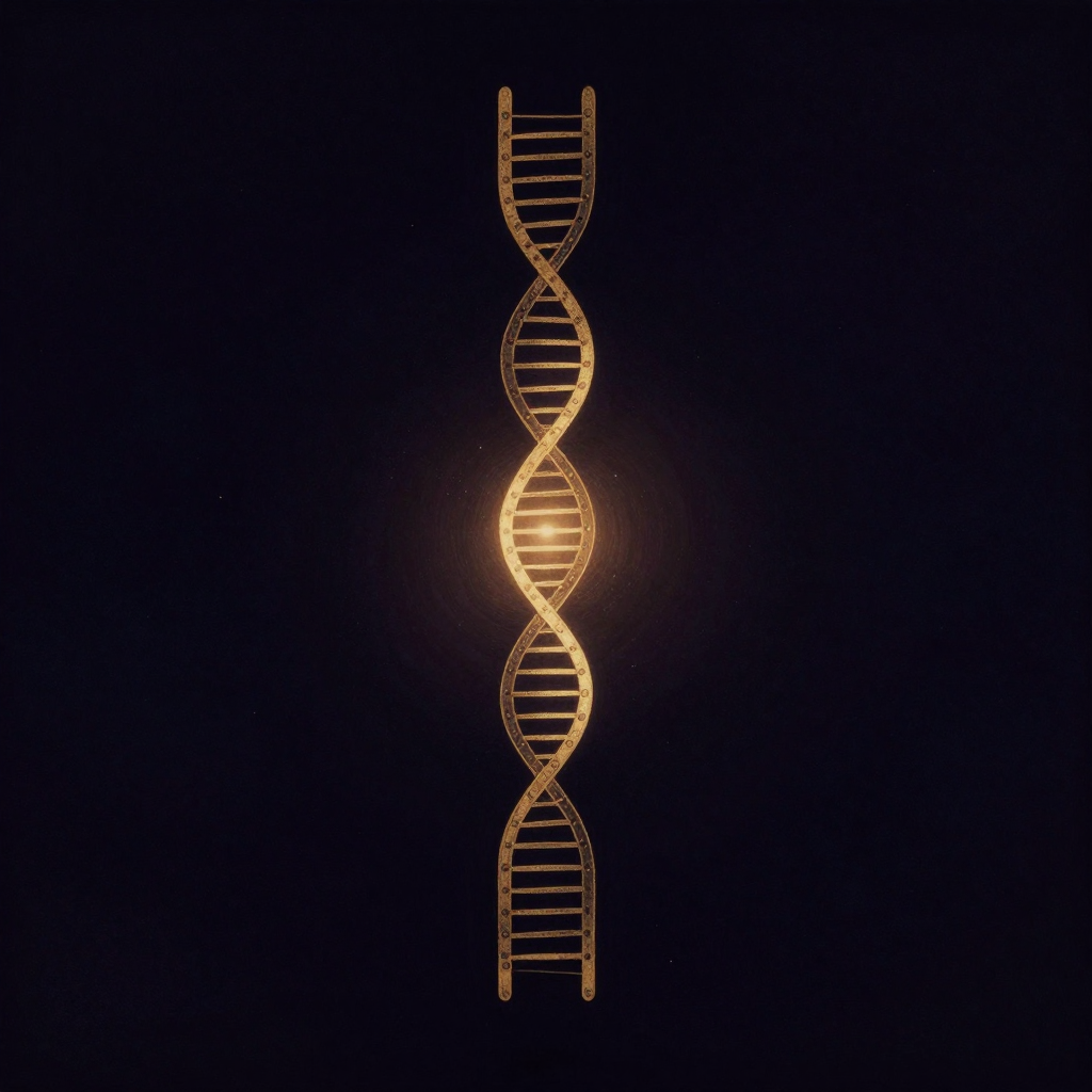 分子遗传学：两条反向平行的链以右手螺旋姿态缠绕悬于空寂之中，链间碱基对的氢键连接清晰可辨，如一架旋转的梯子由细线织就，余处大片留白，