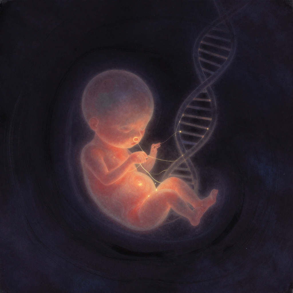 生物性：一个人类胚胎自然蜷曲于半透明羊水之中，周围环绕着右旋DNA双螺旋的淡影，两者之间以透明细线若即若离地相连，主体居于画面中