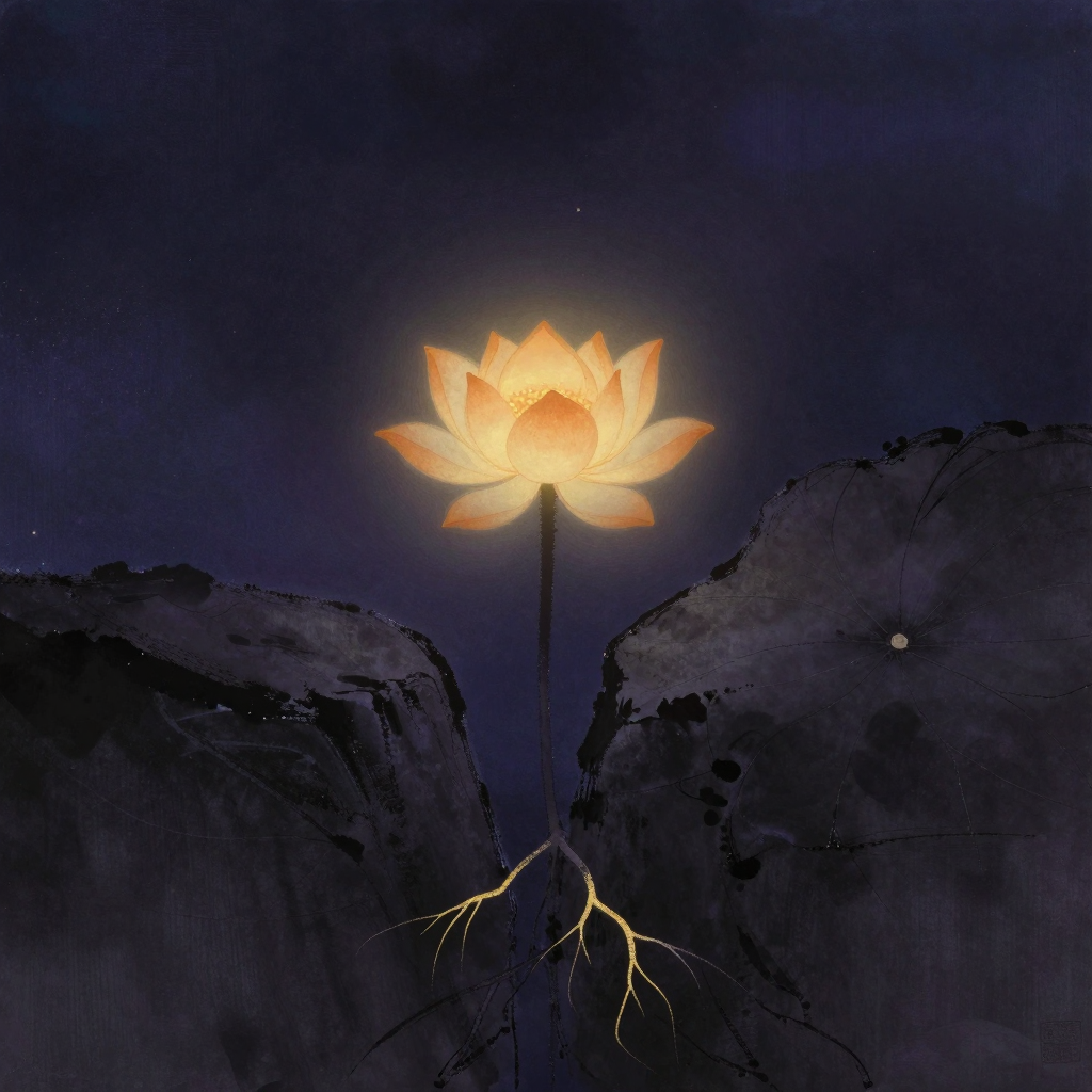 美德：一株莲花自坚硬石缝中挺拔而出，根系深扎于石隙，花瓣舒展自然不刻意对称，四周空旷，留白处如呼吸般宁静