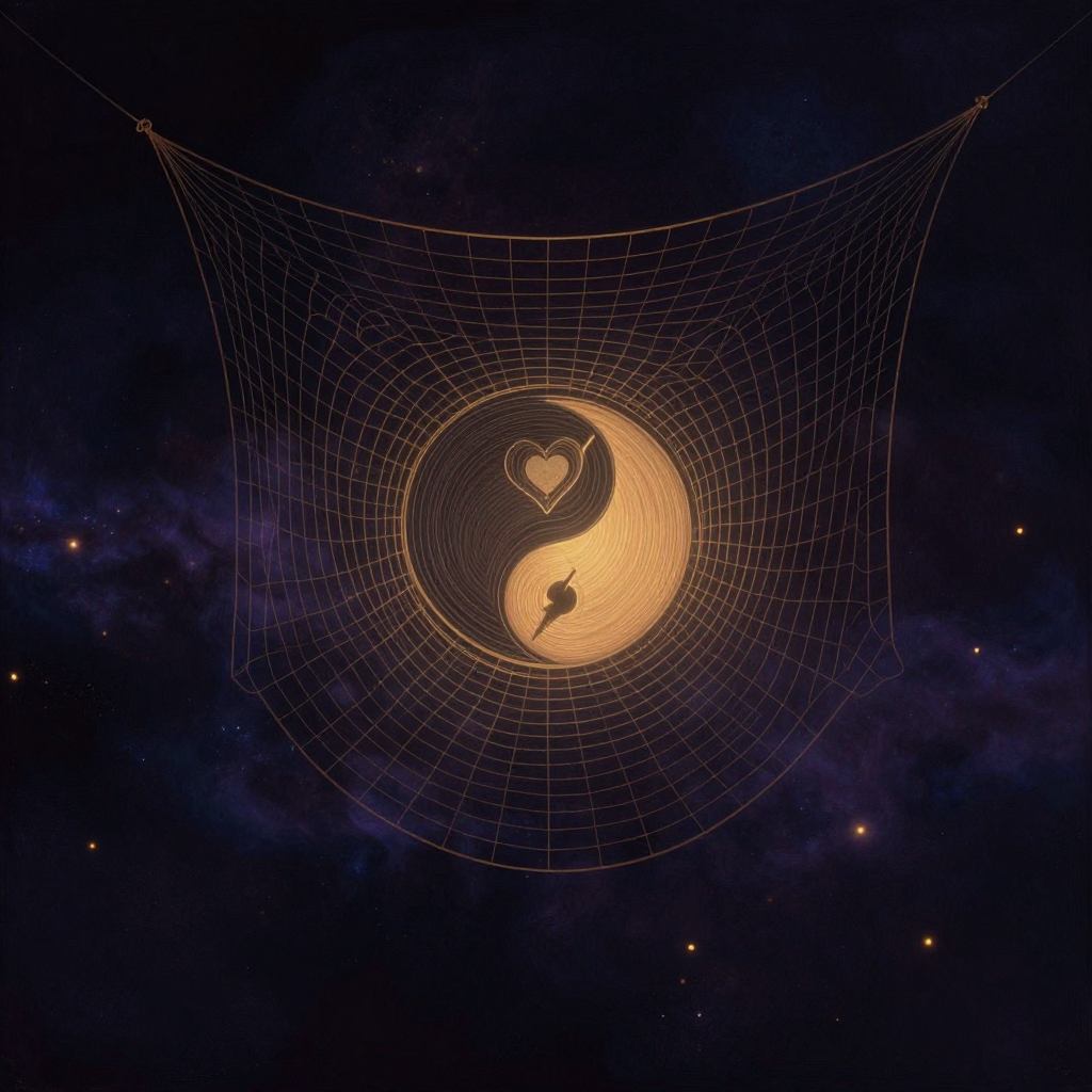 情感过滤：一道半透明的筛网悬于空处，网孔大小不一，后方模糊的情绪流隐约可见；一个心形符号卡在一个小网格上，一个闪电符号正穿过一个大