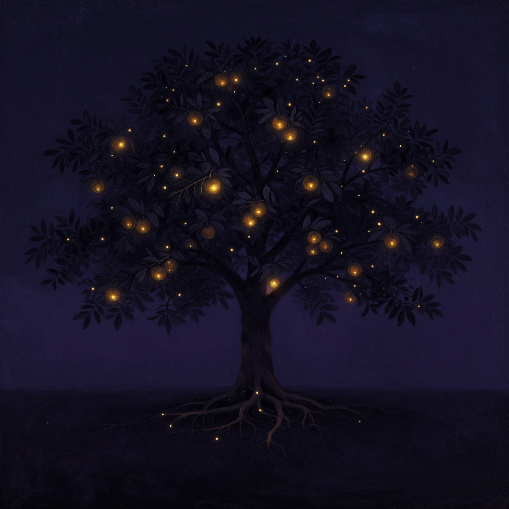 eudaimonia：一棵根深叶茂的大树立于空旷中，根系隐约可辨，枝干舒展，挂满象征性饱满果实，树冠丰盈，余处大片留白，树根深处透出一缕微光