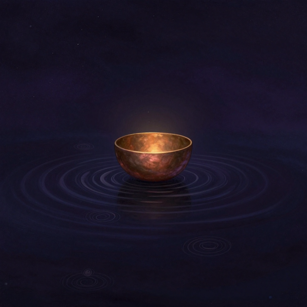 Anahata Nada：一只光滑的旧铜钵悬于虚空，钵体无任何敲击物接触，周围环绕极细的同心圆波纹，波纹近乎透明，向空旷处淡去，钵体是画面唯一的微
