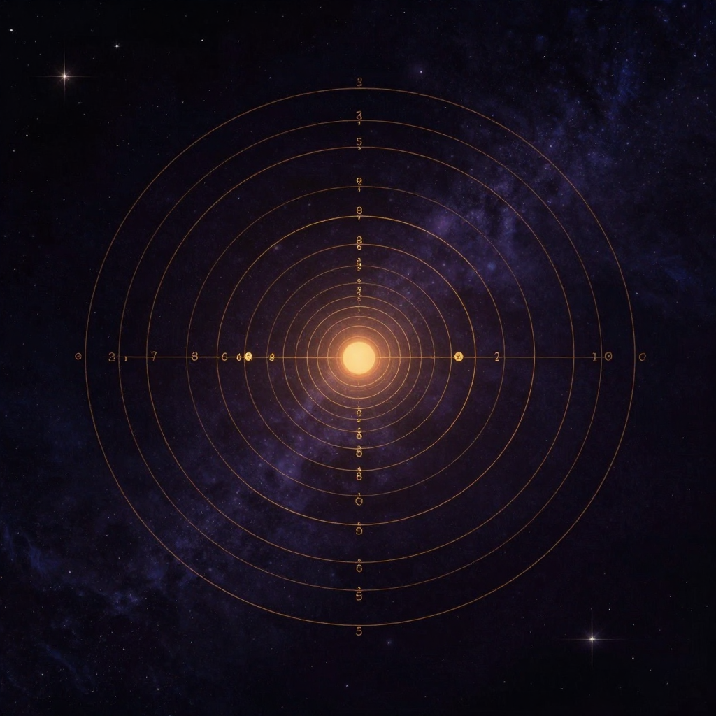 宇宙和谐：数道同心椭圆轨道环绕中央一枚发光点排列，轨道间以细线标出整数比例，整体如精密几何图舒展于大片空处，轨道线条流畅而有序