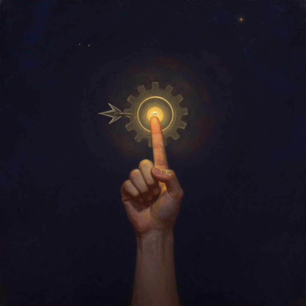 工具思维：一只紧握的拳头，食指伸出如箭头，直指前方；一只冷硬的金属齿轮悬于指前，被箭头穿透，齿轮纹路清晰，背景大片空旷，微光从齿轮