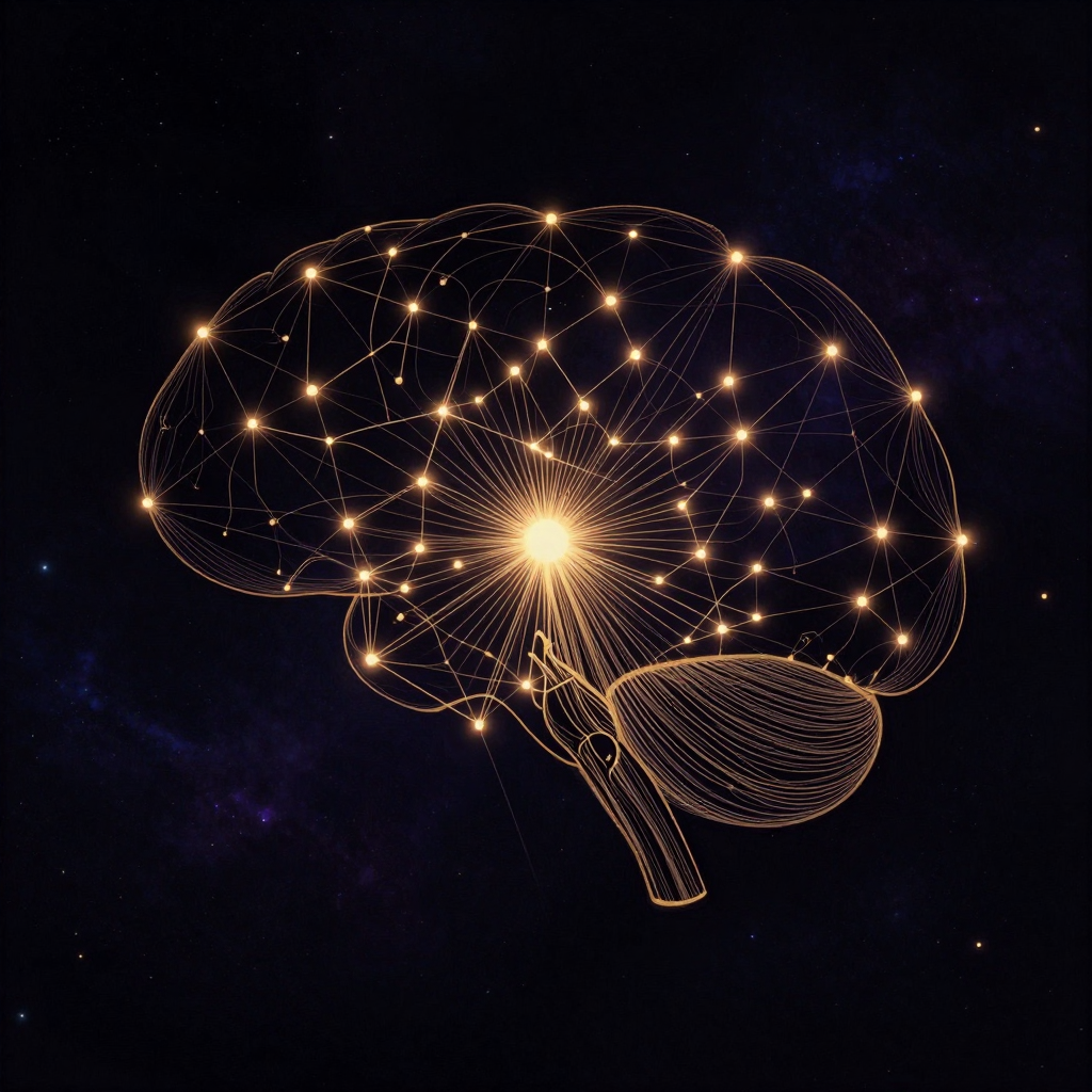全脑连接组：一片深色背景中，数十个大小不一的发光节点（对应前额叶、默认模式网络、边缘系统等脑区）以粗细不等的双向线条相连，线条密度在