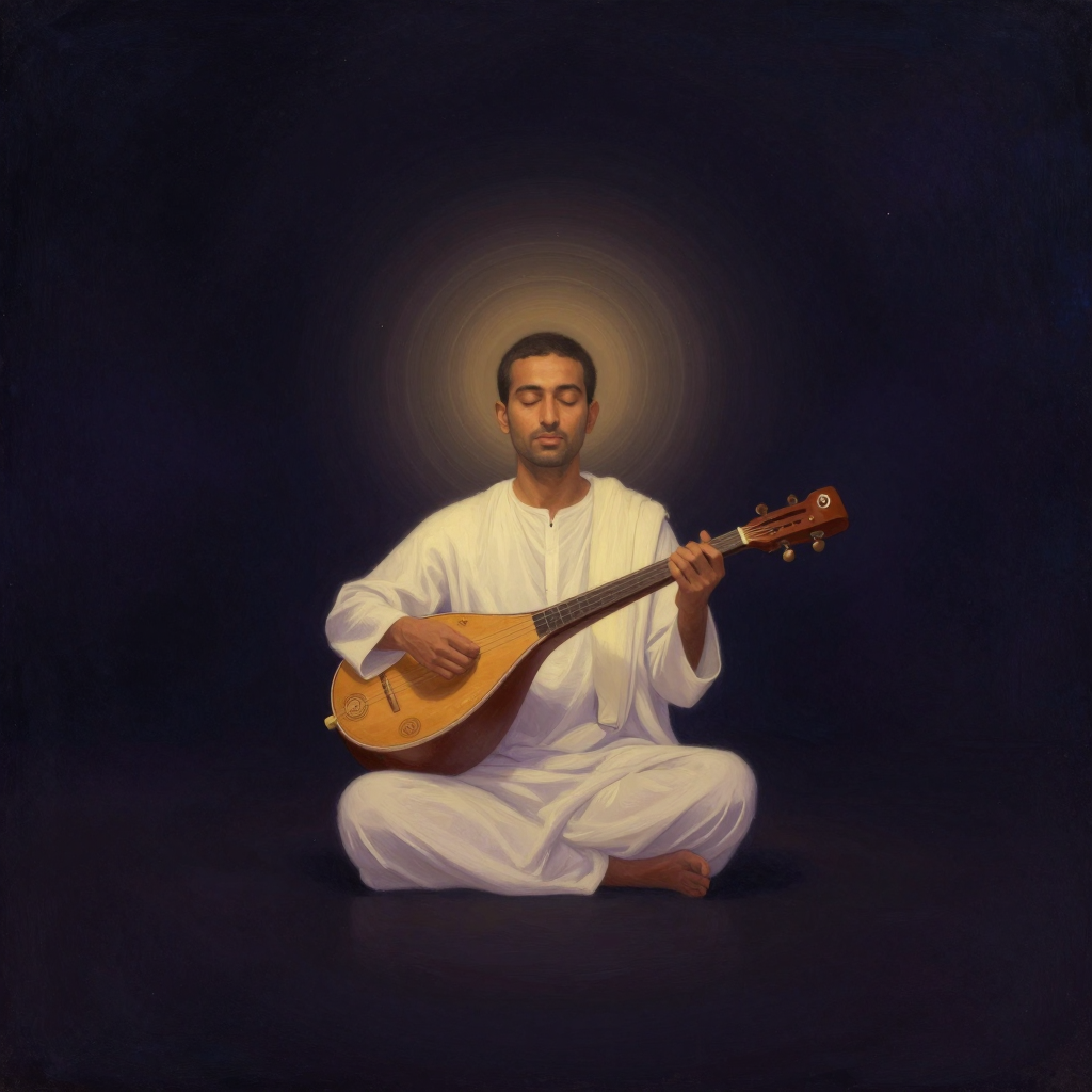 Hazrat Inayat Khan：一位身着白色苏菲长袍的男子闭目静坐，怀中横抱一把印度维纳琴，琴身曲线流畅、弦线清晰。他头顶上方悬着一圈柔和淡光，四周大片